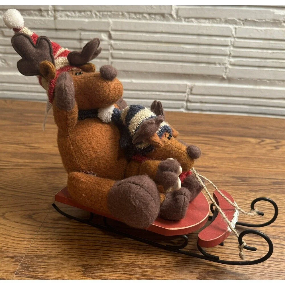 Northern‎ Lights Adult & Child Moose Doll Figures On Sled Christmas Decorations